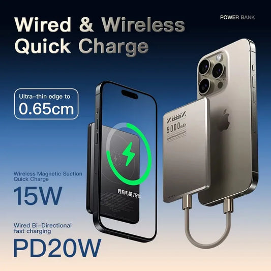 Portable travel Thin 0.65cm Magnetic Metal Wireless Charger 5000mAh Bi-directional Fast Charge PD20W Power bank External battery