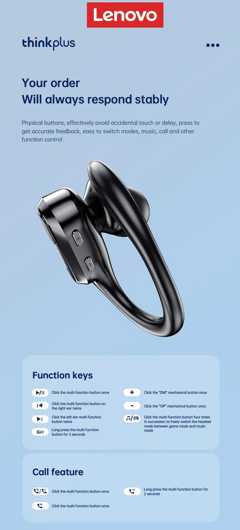 Lenovo XT80 Wireless Headphones Bluetooth 5.4 Earphones True with Mic Button Control Noise Reduction Earhooks Waterproof Headset