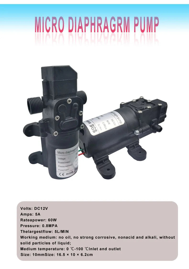 DC 12V 60W 120PSI 5L/Min High Pressure Diaphragm Water Pump Micro Electric Water Pump Self Priming Pump Water Sprayer Car Wash