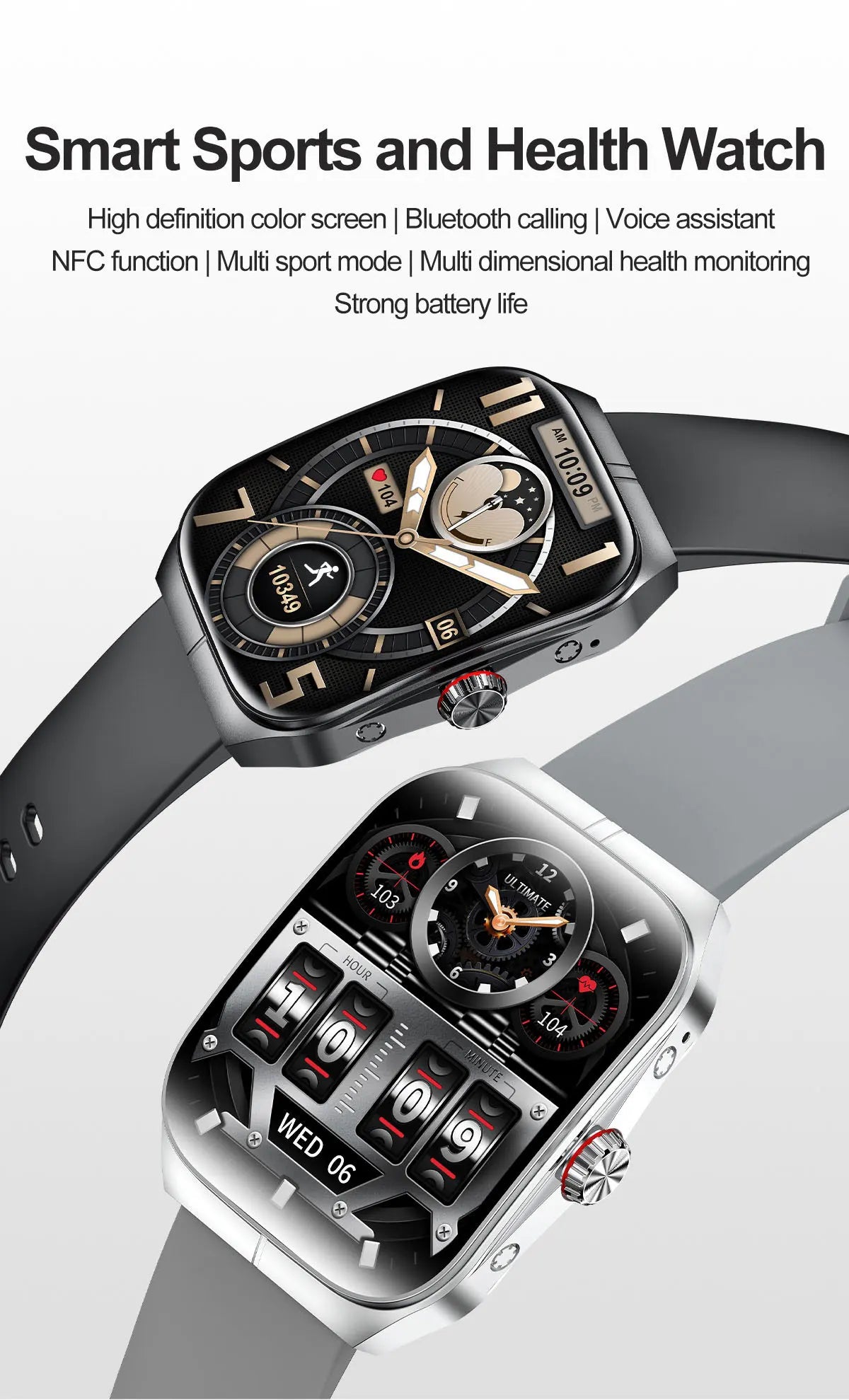 Men Women Sports Health Watches Blue Tooth Call Smartwatch NFC Heart Rate 1.95" AMOLED Screen Waterproof Music Voice Assistant