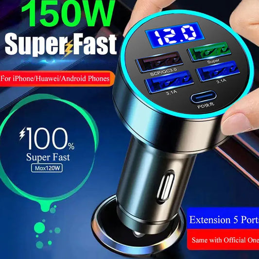 Fast Charging 150W 5 Ports Car Charger PD QC3.0 USB C Car Phone Charger Type C Adapter in Car For Xiaomi Samsung iphone Huawei