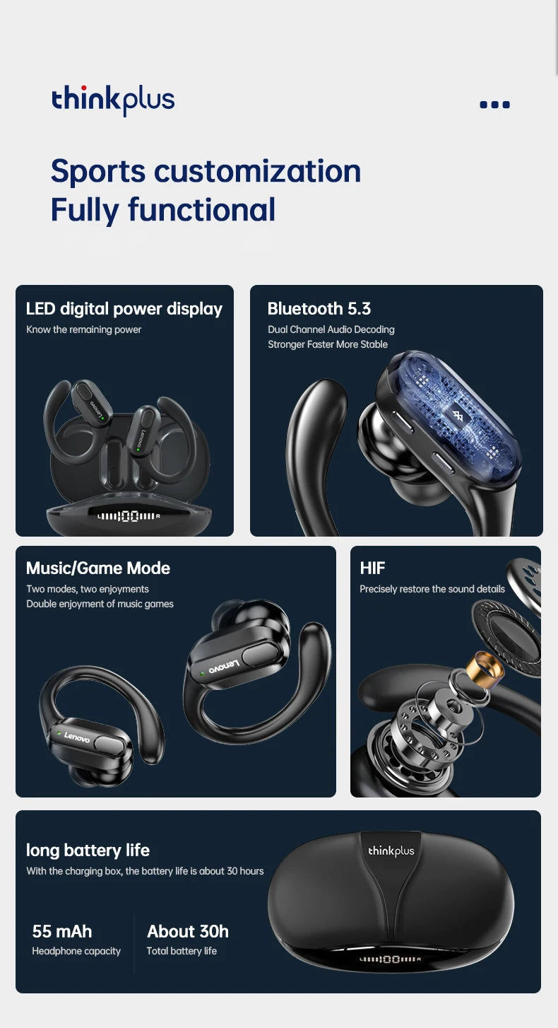 Lenovo XT80 Wireless Headphones Bluetooth 5.4 Earphones True with Mic Button Control Noise Reduction Earhooks Waterproof Headset