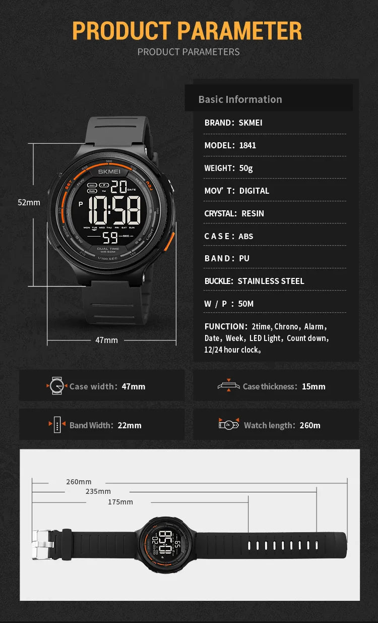 SKMEI 1841 Sport Waterproof Digital Watch for Men Military LED Display Countdown Electronic Wristwatches Mens 1251 Reloj Hombre
