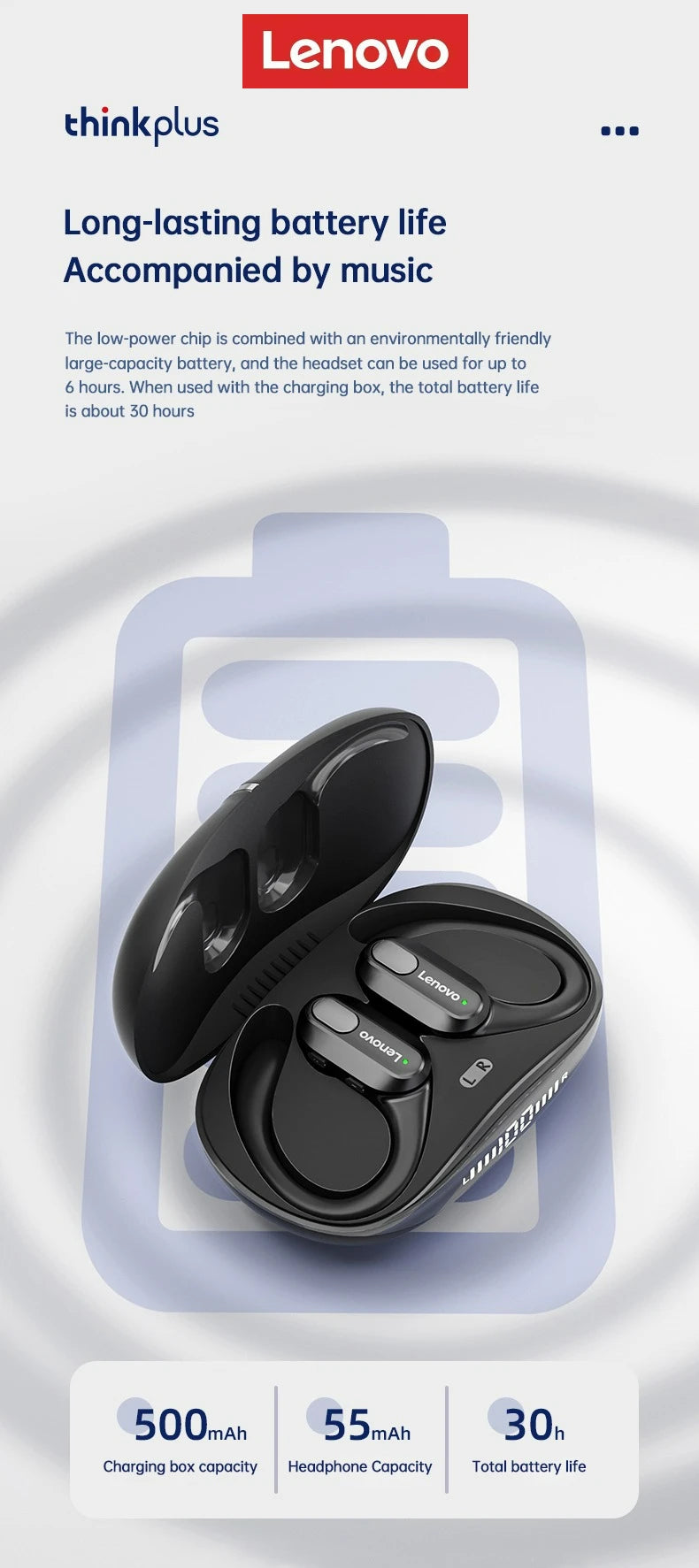 Lenovo XT80 Wireless Headphones Bluetooth 5.4 Earphones True with Mic Button Control Noise Reduction Earhooks Waterproof Headset