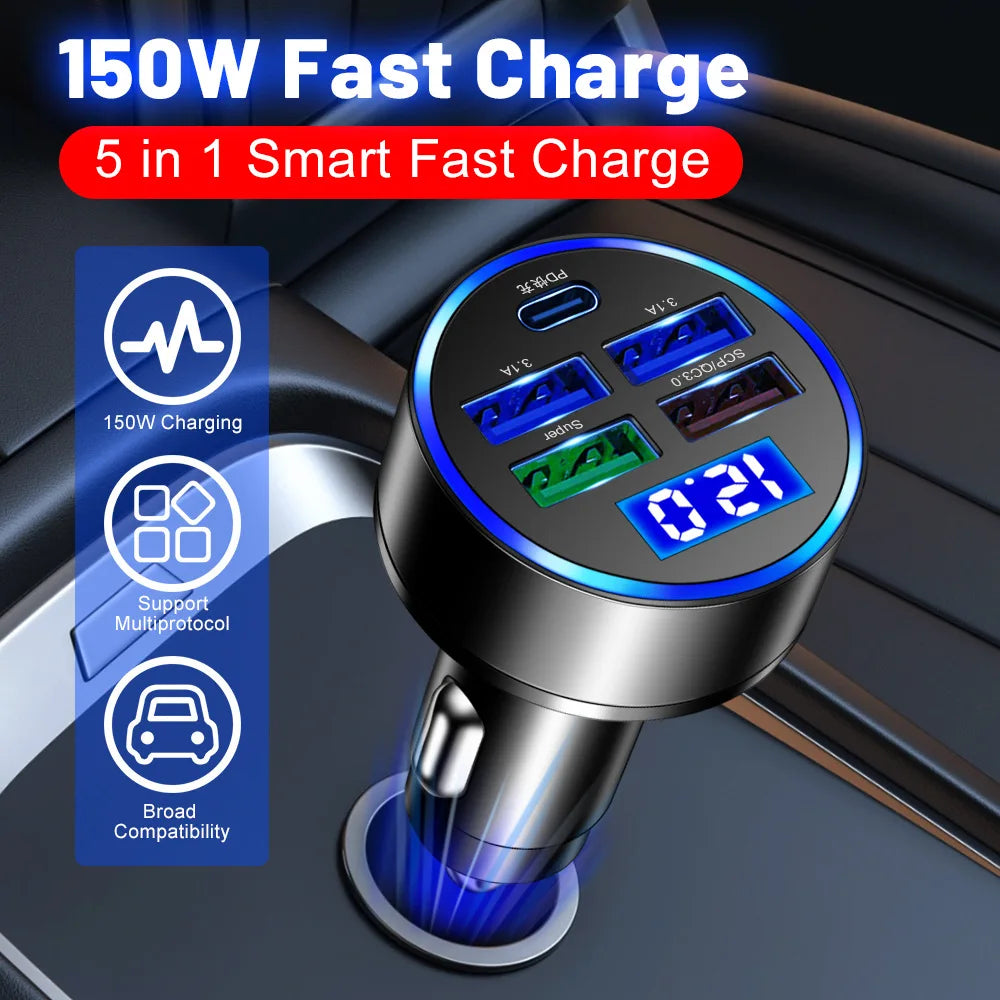 Fast Charging 150W 5 Ports Car Charger PD QC3.0 USB C Car Phone Charger Type C Adapter in Car For Xiaomi Samsung iphone Huawei