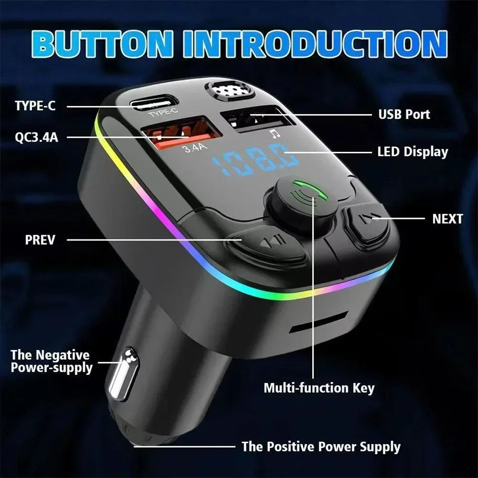 Car Charger Bluetooth 5.0 FM Transmitter PD Type-C Dual USB Ambient Player MP3 Charger Type-C Wireless Light Handsfree