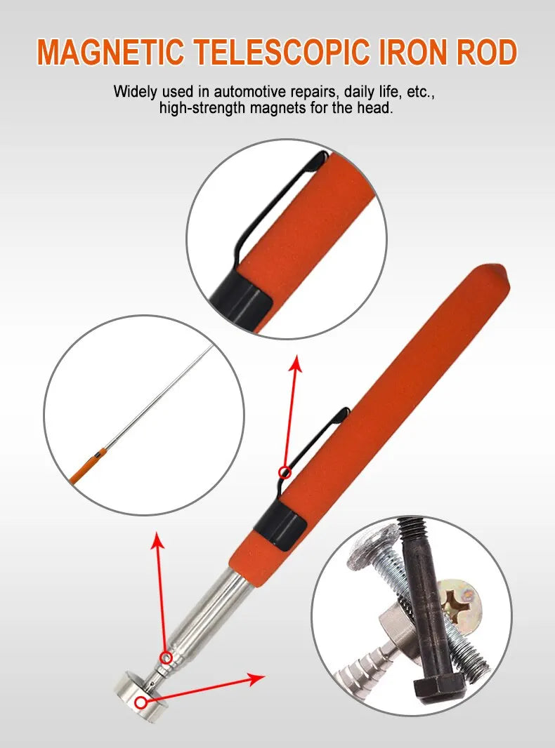 8 Pound Magnetic Retractable Pickup Orange Suction Iron Rod Portable Multifunctional Extractor Pen Clip Automotive Repair Tools