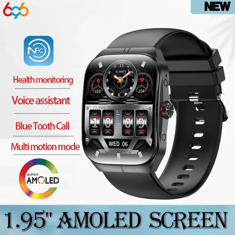 Men Women Sports Health Watches Blue Tooth Call Smartwatch NFC Heart Rate 1.95" AMOLED Screen Waterproof Music Voice Assistant