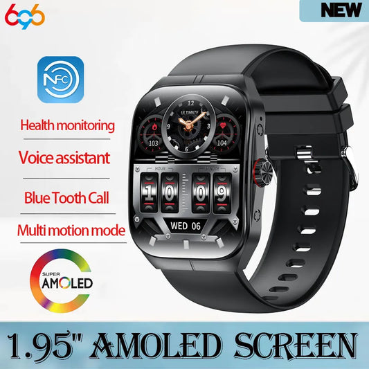 Men Women Sports Health Watches Blue Tooth Call Smartwatch NFC Heart Rate 1.95" AMOLED Screen Waterproof Music Voice Assistant