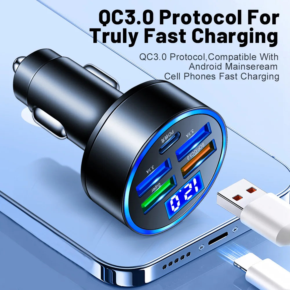 Fast Charging 150W 5 Ports Car Charger PD QC3.0 USB C Car Phone Charger Type C Adapter in Car For Xiaomi Samsung iphone Huawei