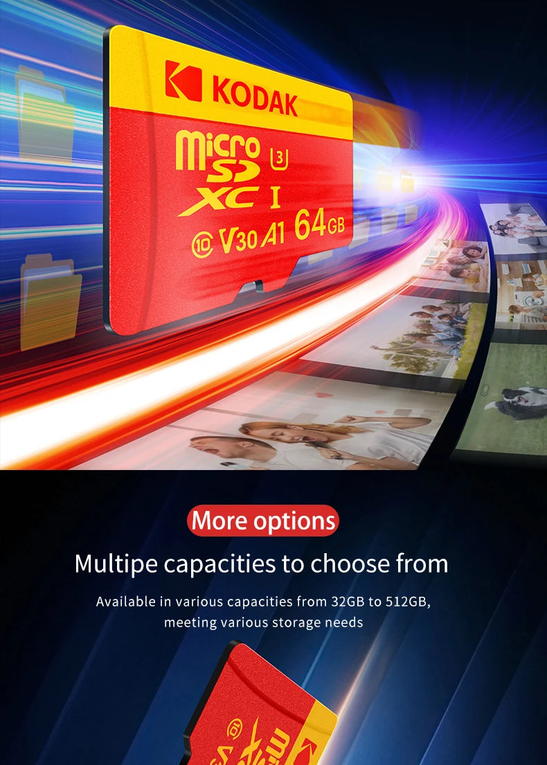 KODAK Micro SD Card Class10 U3 Memory Card MicroSD 64GB 128GB 256GB SD/TF Flash Card on For Smartphone Tablet Camera