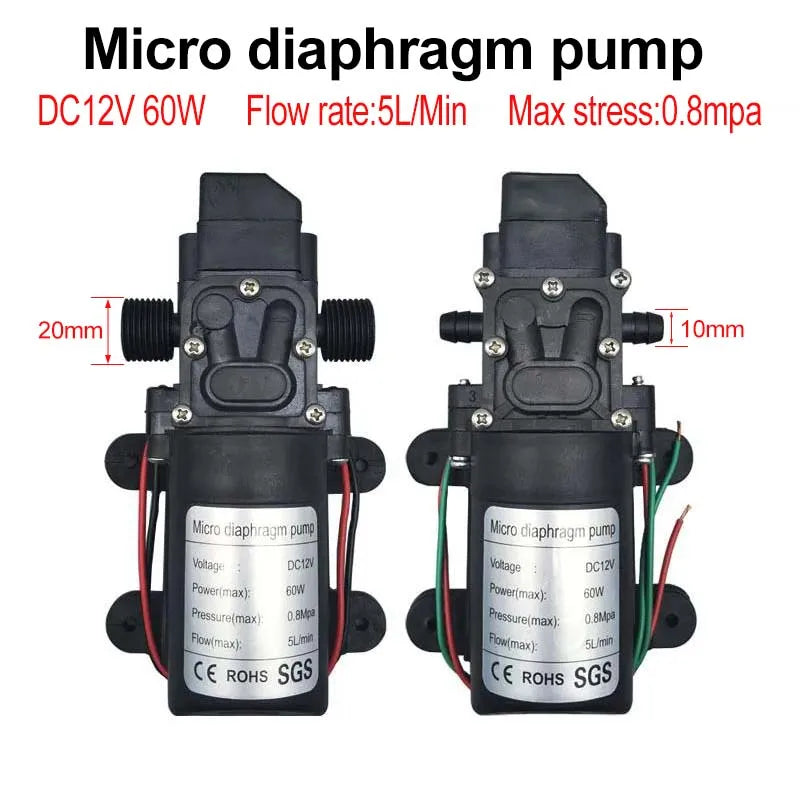 DC 12V 60W 120PSI 5L/Min High Pressure Diaphragm Water Pump Micro Electric Water Pump Self Priming Pump Water Sprayer Car Wash