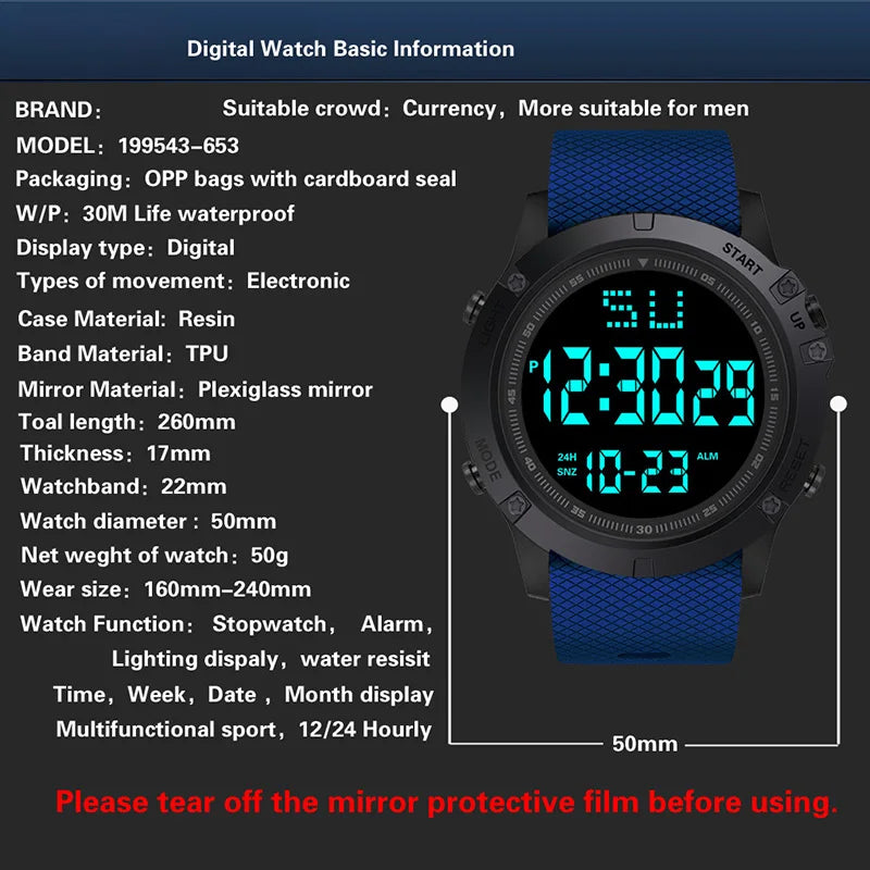 MAYZHISU Men Sports Watches Black Dial Multifunction Military Sports Watch Waterproof LED Digital Electronic Watch for Man Kids