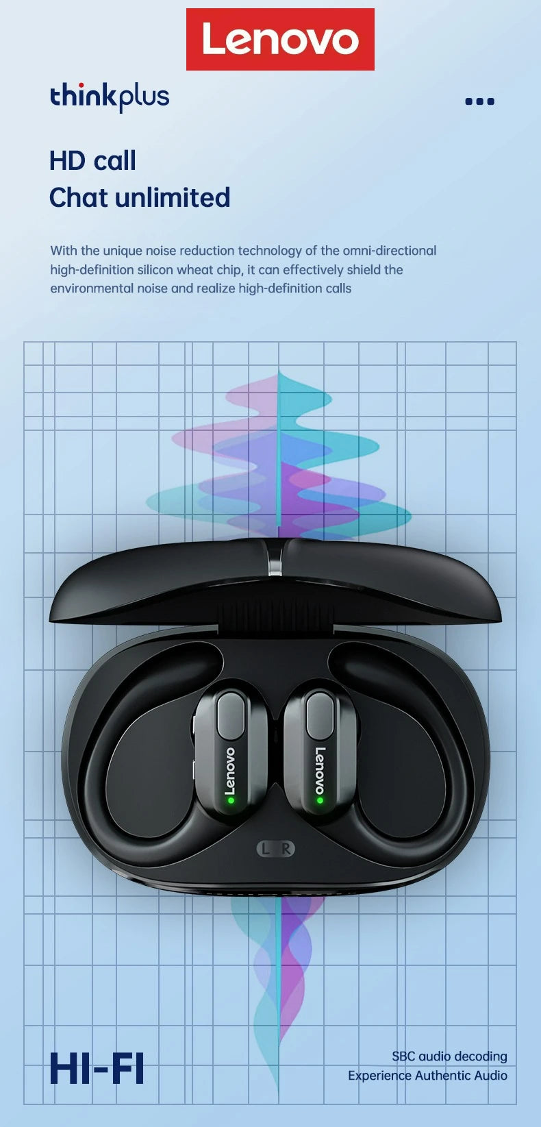 Lenovo XT80 Wireless Headphones Bluetooth 5.4 Earphones True with Mic Button Control Noise Reduction Earhooks Waterproof Headset