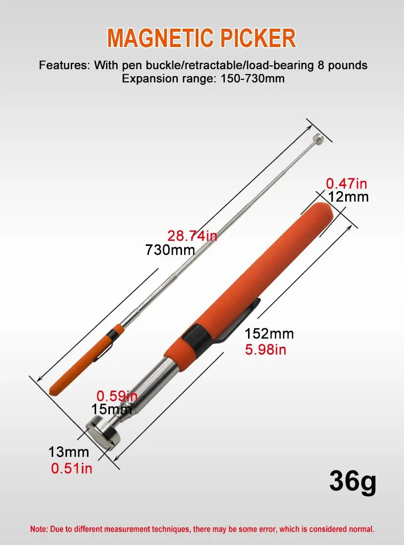 8 Pound Magnetic Retractable Pickup Orange Suction Iron Rod Portable Multifunctional Extractor Pen Clip Automotive Repair Tools
