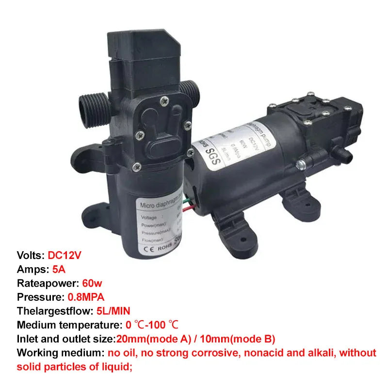 DC 12V 60W 120PSI 5L/Min High Pressure Diaphragm Water Pump Micro Electric Water Pump Self Priming Pump Water Sprayer Car Wash