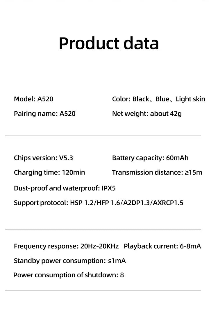 A520 Wireless Bluetooth Headset Touch Light Mini High Quality Earplugs Anti-Sweat HD Sound Quality Stereo Universal Headset