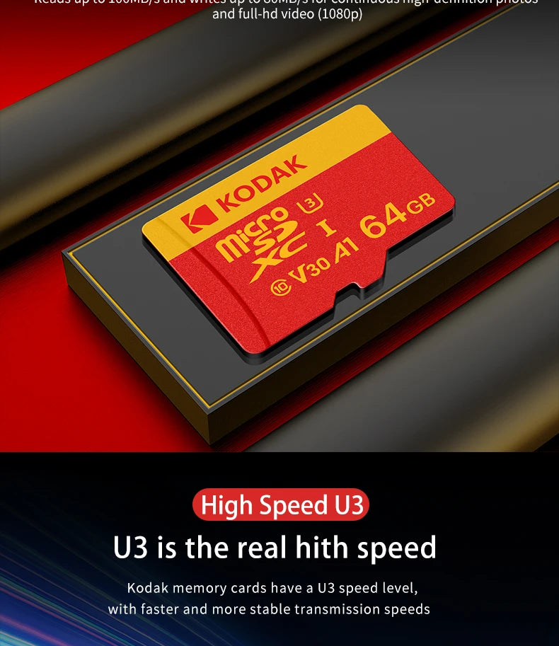 KODAK Micro SD Card Class10 U3 Memory Card MicroSD 64GB 128GB 256GB SD/TF Flash Card on For Smartphone Tablet Camera