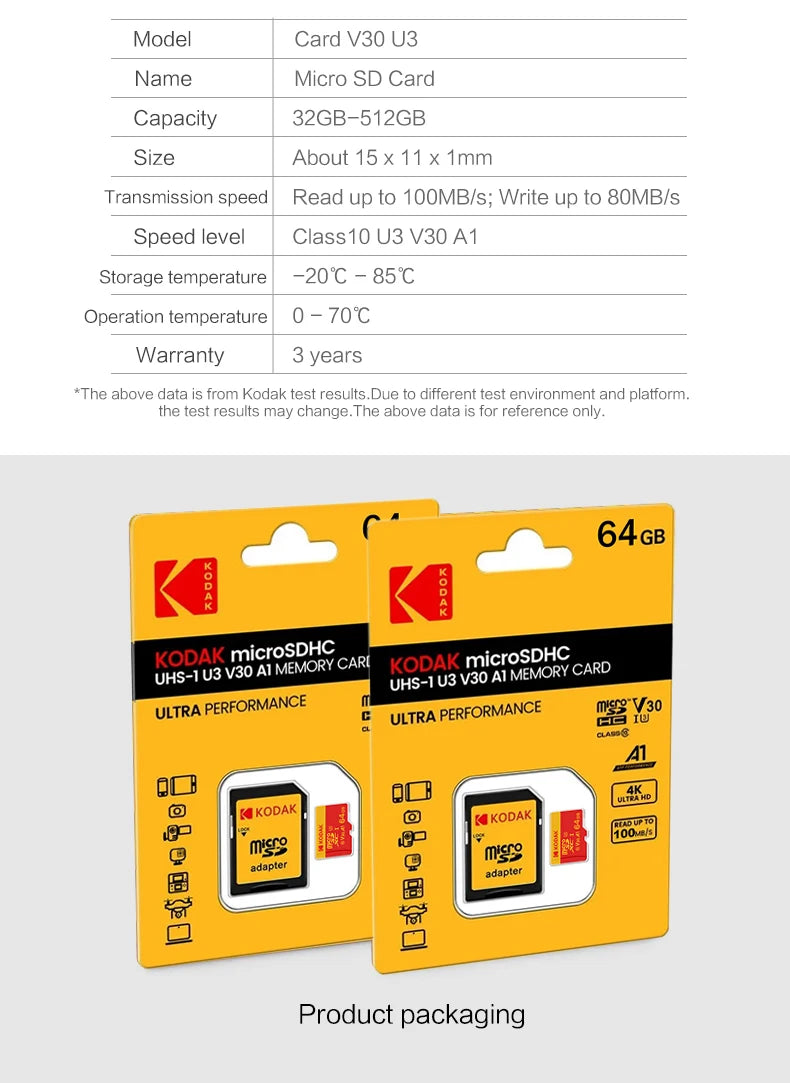 KODAK Micro SD Card Class10 U3 Memory Card MicroSD 64GB 128GB 256GB SD/TF Flash Card on For Smartphone Tablet Camera