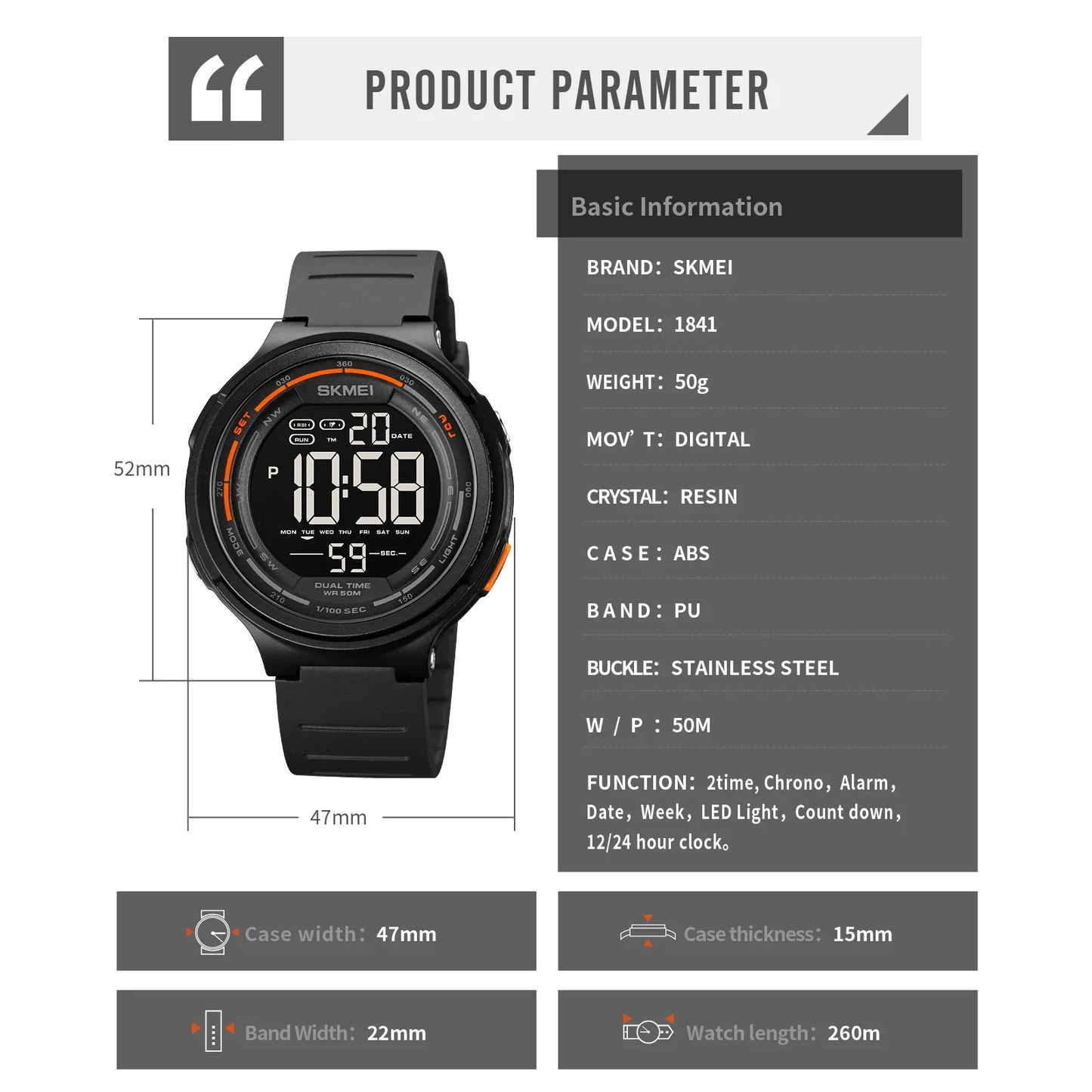 SKMEI 1841 Sport Waterproof Digital Watch for Men Military LED Display Countdown Electronic Wristwatches Mens 1251 Reloj Hombre