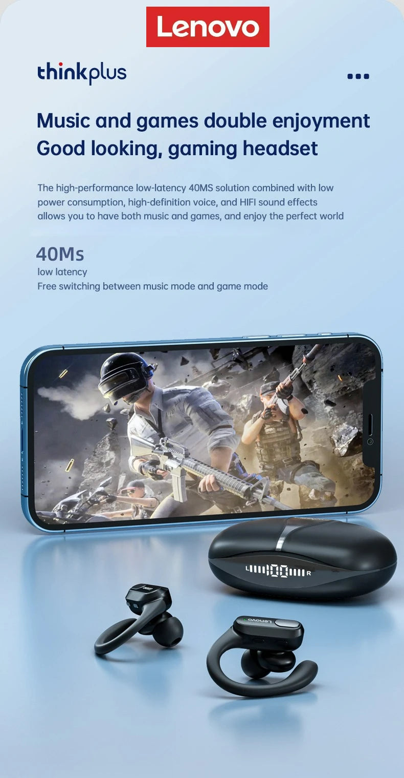 Lenovo XT80 Wireless Headphones Bluetooth 5.4 Earphones True with Mic Button Control Noise Reduction Earhooks Waterproof Headset